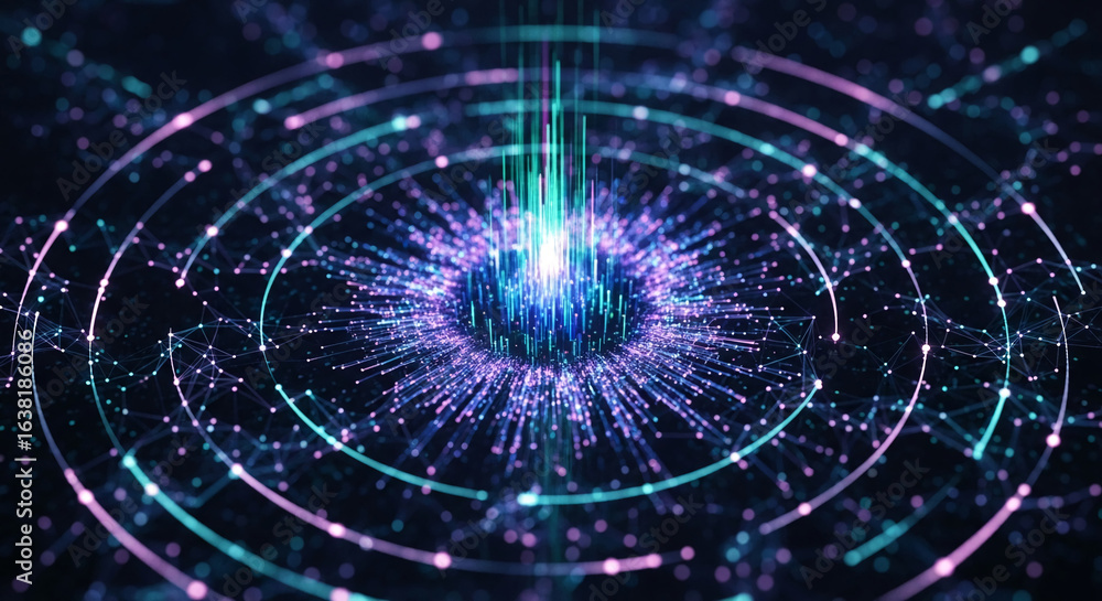 Poster abstract digital artwork featuring glowing lines and particles forming concentric circles, symbolizi
