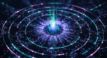 Obraz premium Abstract digital artwork featuring glowing lines and particles forming concentric circles, symbolizing connection, data flow, or technological innovation