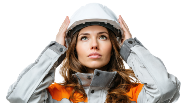 Woman putting on a protective helmet, preparing for work in an industrial environment, white isolate background.