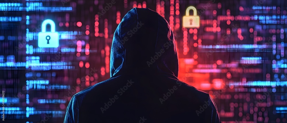 Poster a mysterious figure in a hoodie stands before a digital backdrop filled with binary code and padlock