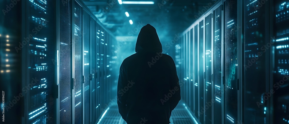 Poster a mysterious figure in a hoodie stands in a dimly lit server room, surrounded by rows of blinking se