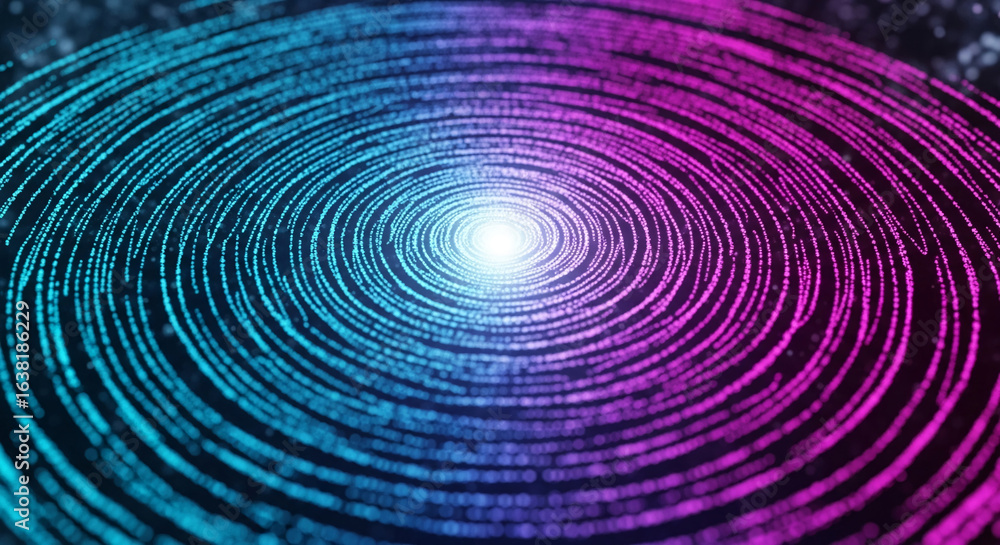Poster abstract image of concentric circles formed by glowing particles, blue and purple hues creating a sw