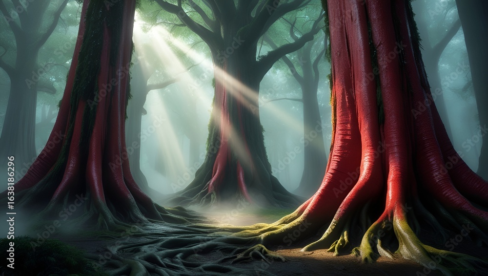 Poster mystical woodland scene with red-barked trees in fog, illuminated by soft sun rays filtering from ab
