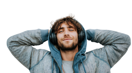 Young man enjoying music with headphones, relaxed pose, casual attire, isolated on white background.