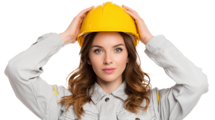 Young female engineer adjusting her yellow hard hat, isolated on a white background.