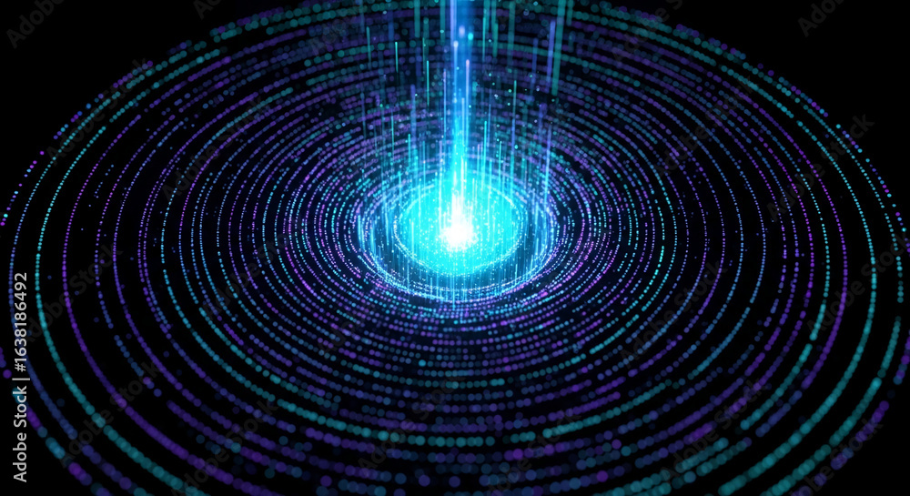 Poster abstract image of concentric circles composed of glowing teal and purple particles converging at a b