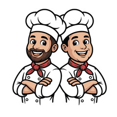 Cartoon vector of two cheerful chefs in white uniforms and hats, one bearded with arms crossed, the other smiling widely, mascot style