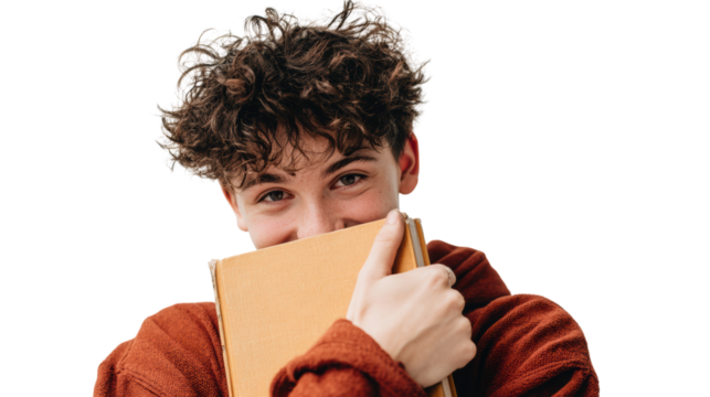 Young person smiling while hugging a book, expressing joy and enthusiasm for reading.