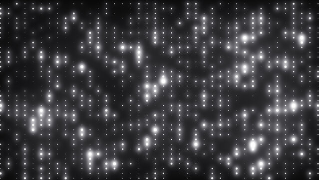 Abstract glowing disco background of white neon flashing lights. Silver LED lights wall for disco party, night club, music, and fashion event. Vibrant disco lights.