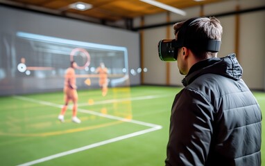A person wearing a virtual reality headset observes a digital soccer simulation on a large screen, blending technology and sports for an immersive experience in a training environm