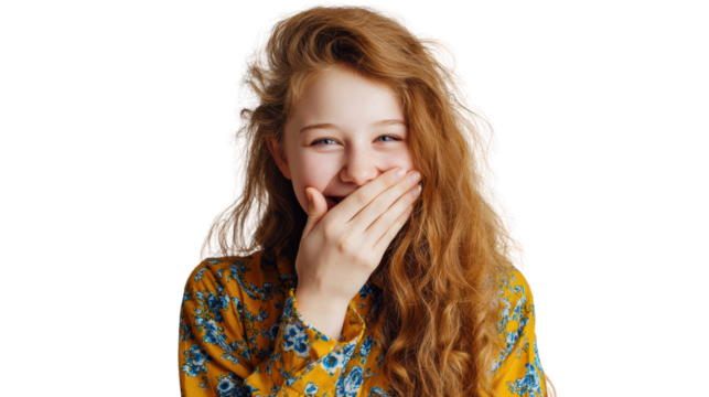Young woman with curly hair laughing and covering her mouth, isolated on a white background.
