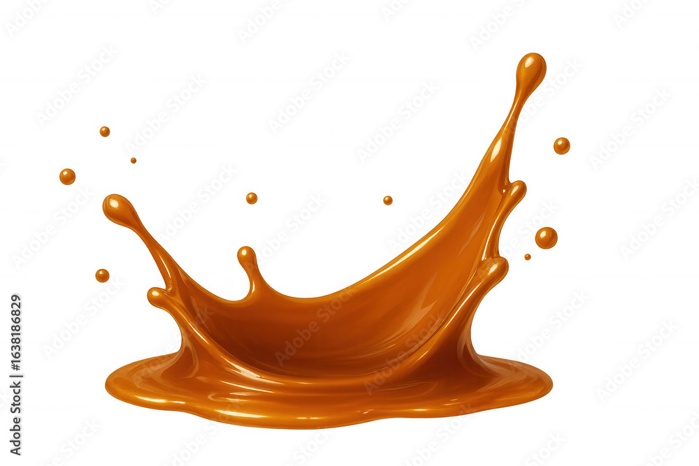 Poster caramel liquid arcing dynamically, spreading glossy golden waves across transparent surface, capturi