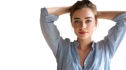 Young woman with natural beauty posing gracefully against a white background.