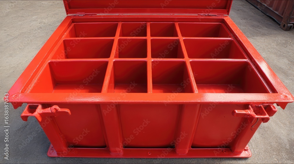 Poster open-top storage container with multiple sections and dividers shown from above