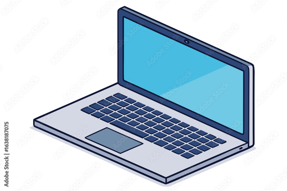 Poster flat vector illustration of a modern laptop with a blue screen and keyboard computer technology