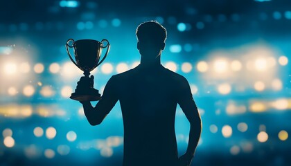 A silhouette of a victorious athlete holding a trophy in a stadium, celebrating achievement and success under bright lights, symbolizing dedication, hard work, and competition.
