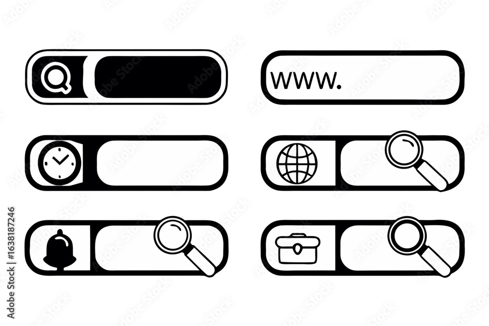 Poster collection of white browser search bar icons on a transparent background including search magnifying