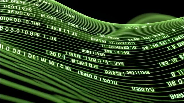 Glowing Binary Code Cascading Down in a Waterfall Pattern with Digital Waves and Green Light Effects