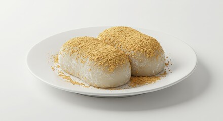 plate of two Japanese warabi mochi dusted with kinako isolated on a white background for dessert and food photography and presentations