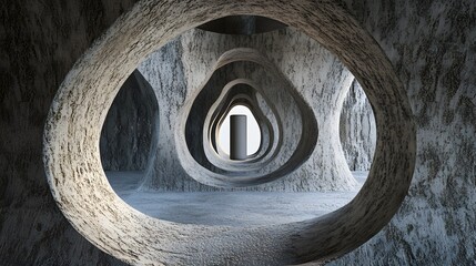 3D render of a dark, elongated tunnel with concentric circles and a distant, blurred landscape.
