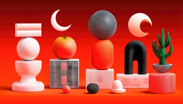 Abstract still life with geometric shapes and organic forms on a vibrant red background