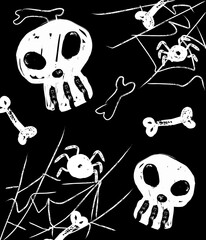 halloween black and white handdraw vector background with skull spider 