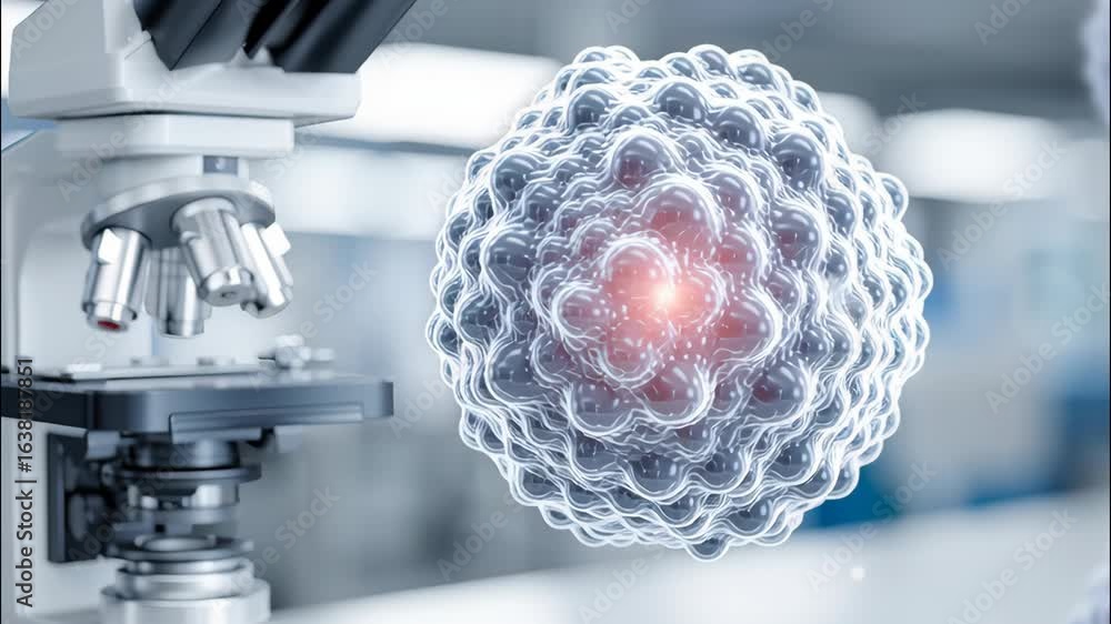 Poster detailed microscopic view of glowing cellular structures under a microscope in a scientific lab sett