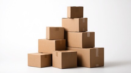 Stack of shipping boxes made from brown corrugated cardboard on a bright white background
