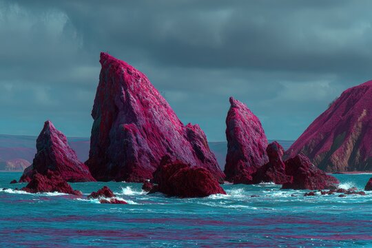 Pink rock formations emerge from a teal ocean