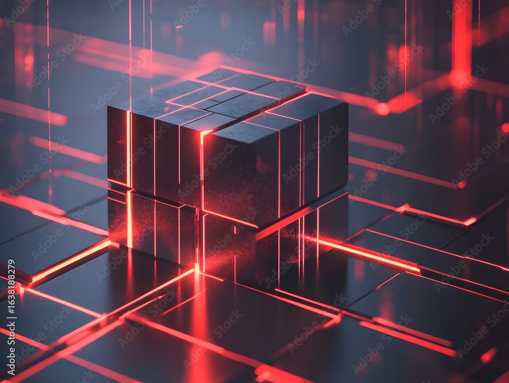 Poster a visually striking digital illustration showcasing a glowing cube within a complex network of inter