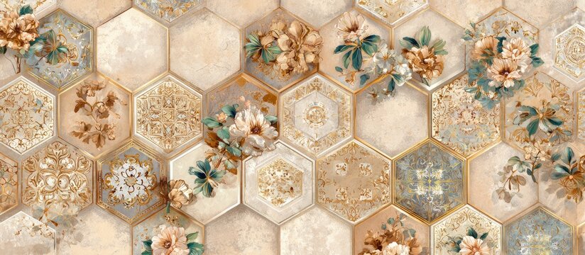Beige and gold hexagonal tiles with floral patterns