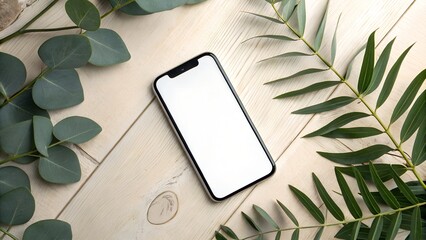 A modern smartphone with a blank white screen rests on a light wooden table, framed by fresh green natural leaves, perfect for technology mockups.