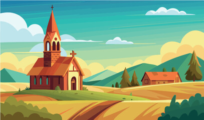 Naklejka premium Vsai idyllic countryside landscape with church, farm, and rolling hills at sunset