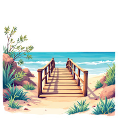 Vsai wooden bridge leading to beautiful tropical beach with turquoise water and white sand