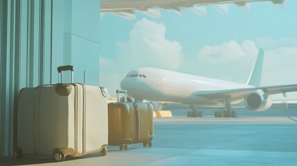 Digital illustration of luggage and an airplane in an airport terminal with a blue sky background.