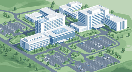 Modern hospital complex with helipad offering advanced medical care and emergency services, scalable vector design