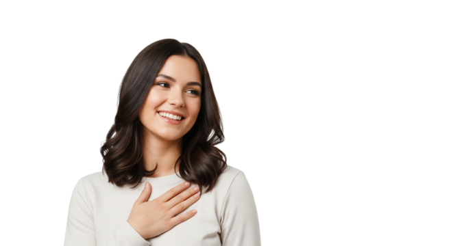 Brünette Frau mit Hand auf Herz, transparenter Hintergrund, PNG