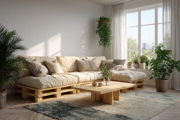 Living room interior with a pallet sofa, wood table, and green plants. It's perfect for illustrating sustainable design and eco-friendly decor.