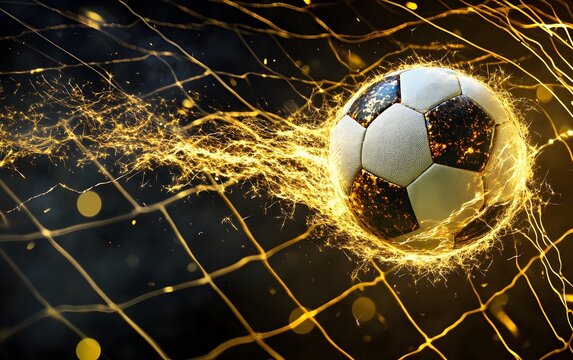 An electrifying moment captured as a soccer ball shoots into the net, surrounded by vivid sparks of light, symbolizing energy and excitement in the world of sports.