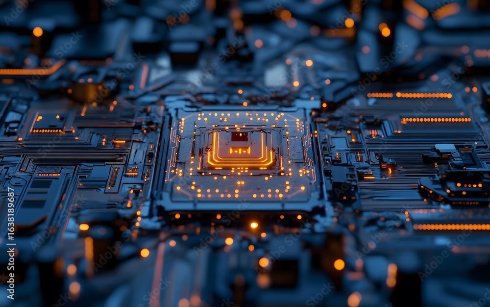 Poster close-up view of a modern microchip on a circuit board, showcasing intricate details and illuminated