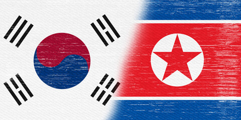 Distressed North Korea flag and South Korea flag background