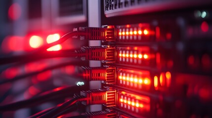 Close-up shot of a server rack with glowing red lights and interconnected wires, showcasing modern data storage and management in a high-tech environment.