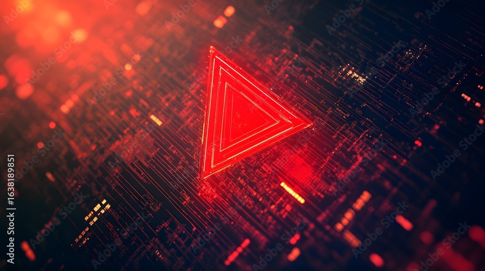 Poster futuristic digital background featuring a glowing red triangle amid a network of circuits and data. 