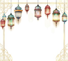 Ornate hanging lanterns, colorful, decorative, elegant, Islamic design, glowing, festive, Ramadan, 