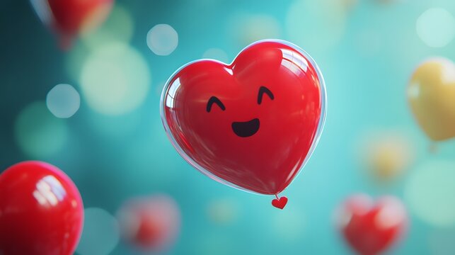 3D render of a smiling, red heart balloon floating against a bokeh-filled teal background with additional red balloons.