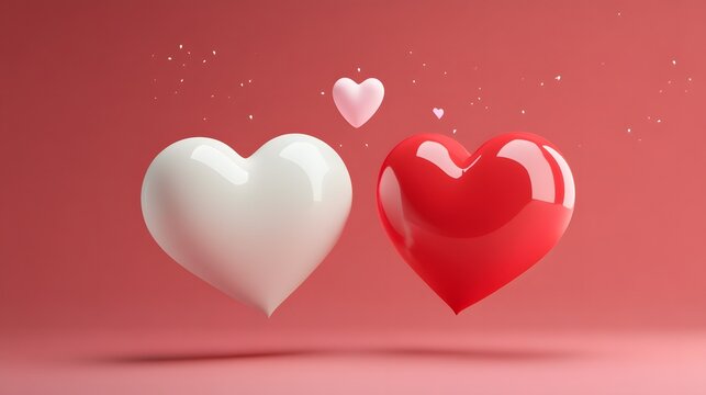 3D render of multiple glossy hearts floating against a solid red background.