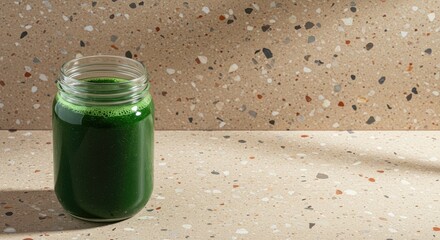 Obraz premium A close-up of a jar of green smoothie on a beige terrazzo countertop