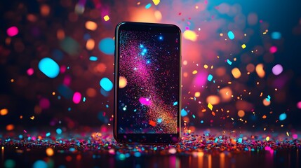 Photograph of a smartphone surrounded by vibrant, shimmering confetti in a dark, multicolored setting.