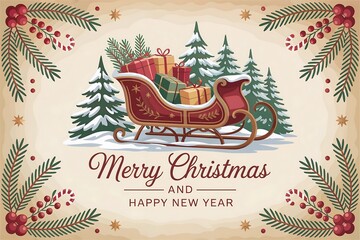 Vintage christmas card with sleigh full of gifts and pine trees in a snowy landscape