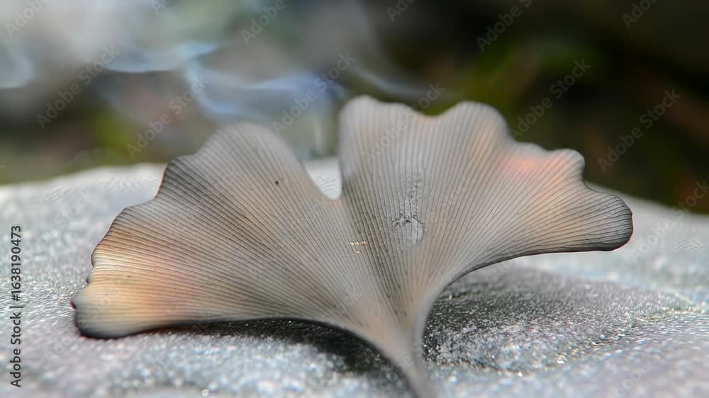 Poster close-up of a single ginkgo leaf on a textured surface with soft light highlighting the leaf's veins
